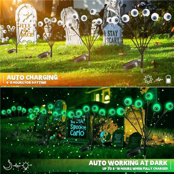2 Pack 12 LED Solar Eyeball Lights, Halloween Decorations Firefly - Picture 4 of 8